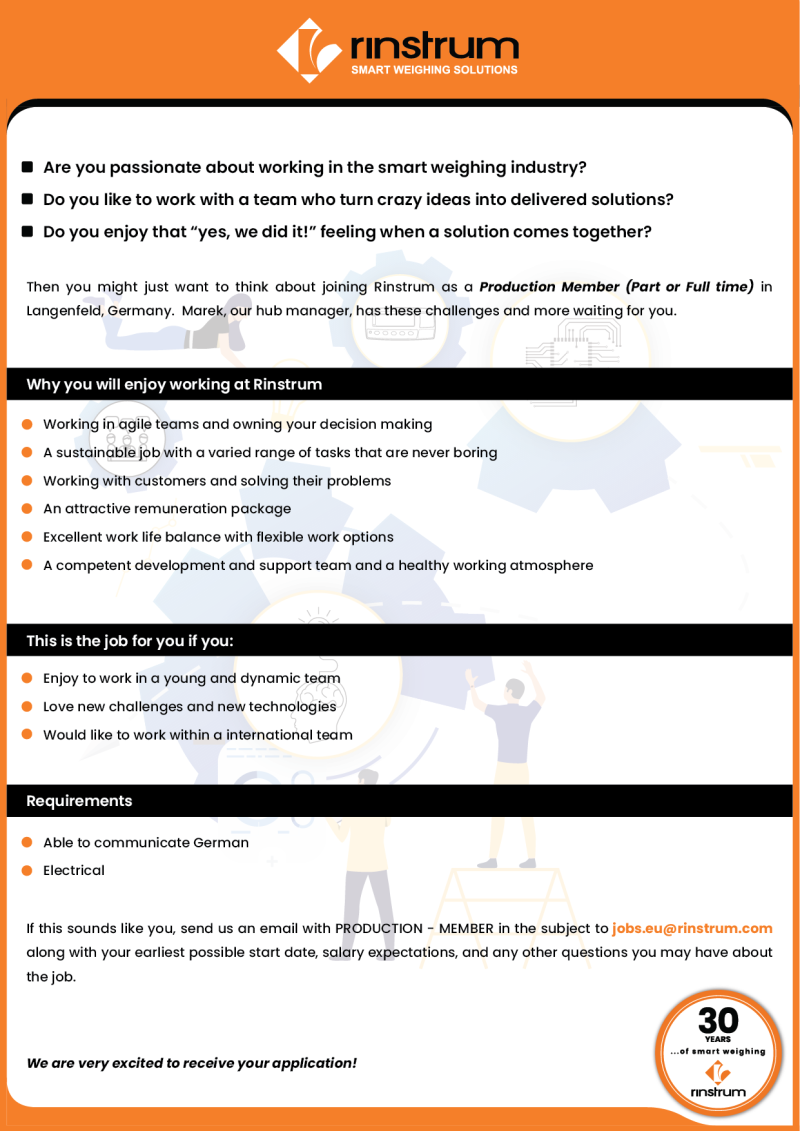 Job Offer by Rinstrum - Production Member (Full/Part Time) for Germany
