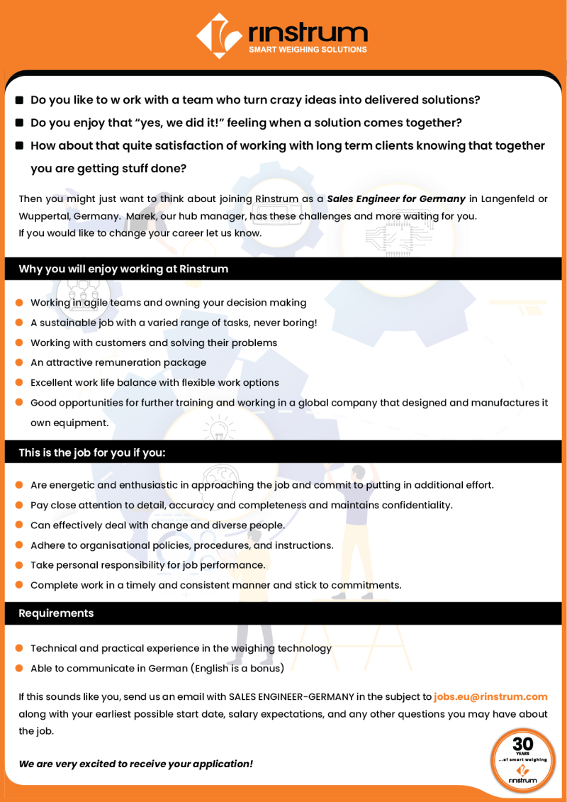 Job Offer by Rinstrum - Sales Engineer for Germany