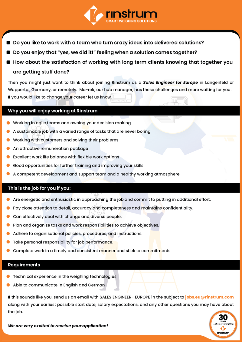 Job Offer By Rinstrum - Sales Engineer For Europe
